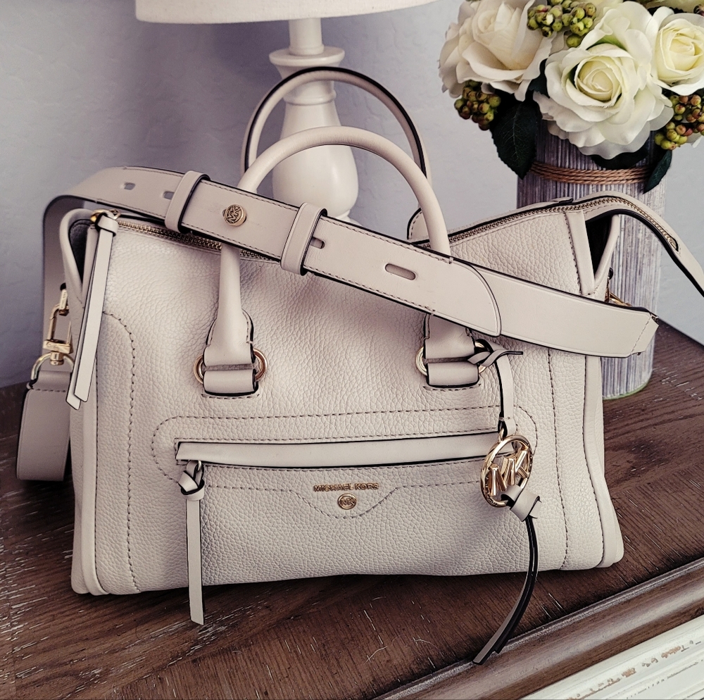 Michael Kors Pebbled Leather Satchel in Light Beige with Gold Hardware